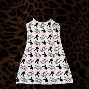 I LOVE PLAYBOY White Slip dress with Black Playboy bunny Print and Pink Accents